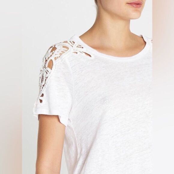 Paige White Linen Blend Short Sleeve Scoop‎ Neck Shirt Crotchet Lace Shoulders - Picture 3 of 8